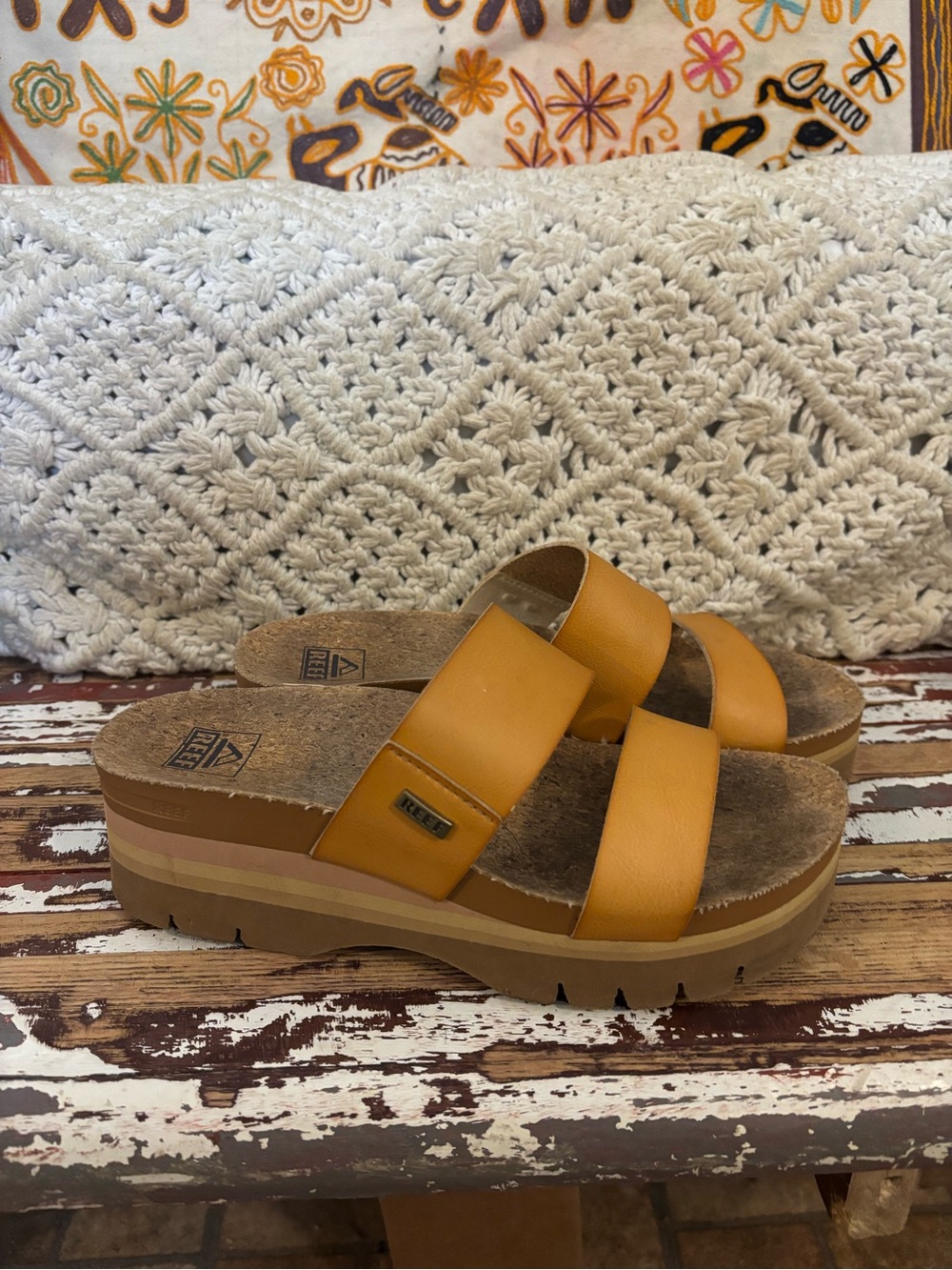 Reef Mustard Yellow Double-Strap Platform Slide Sandals